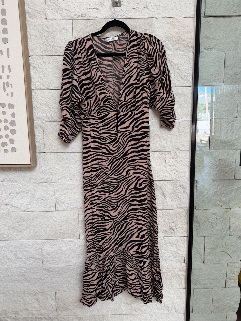 Flynn Skye Pink and Black Zebra Print V-Neck Midi Dress